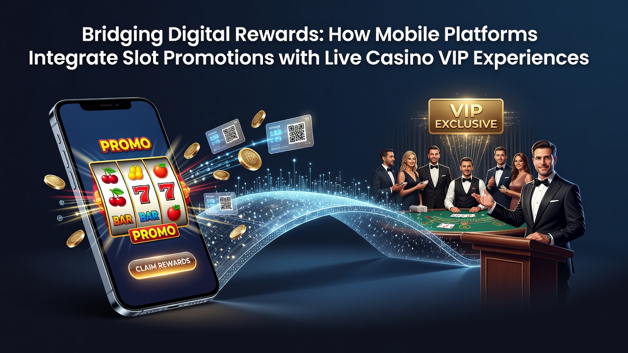 Mobiele app-interface die slotpromoties verbindt met live casino VIP-beloningen