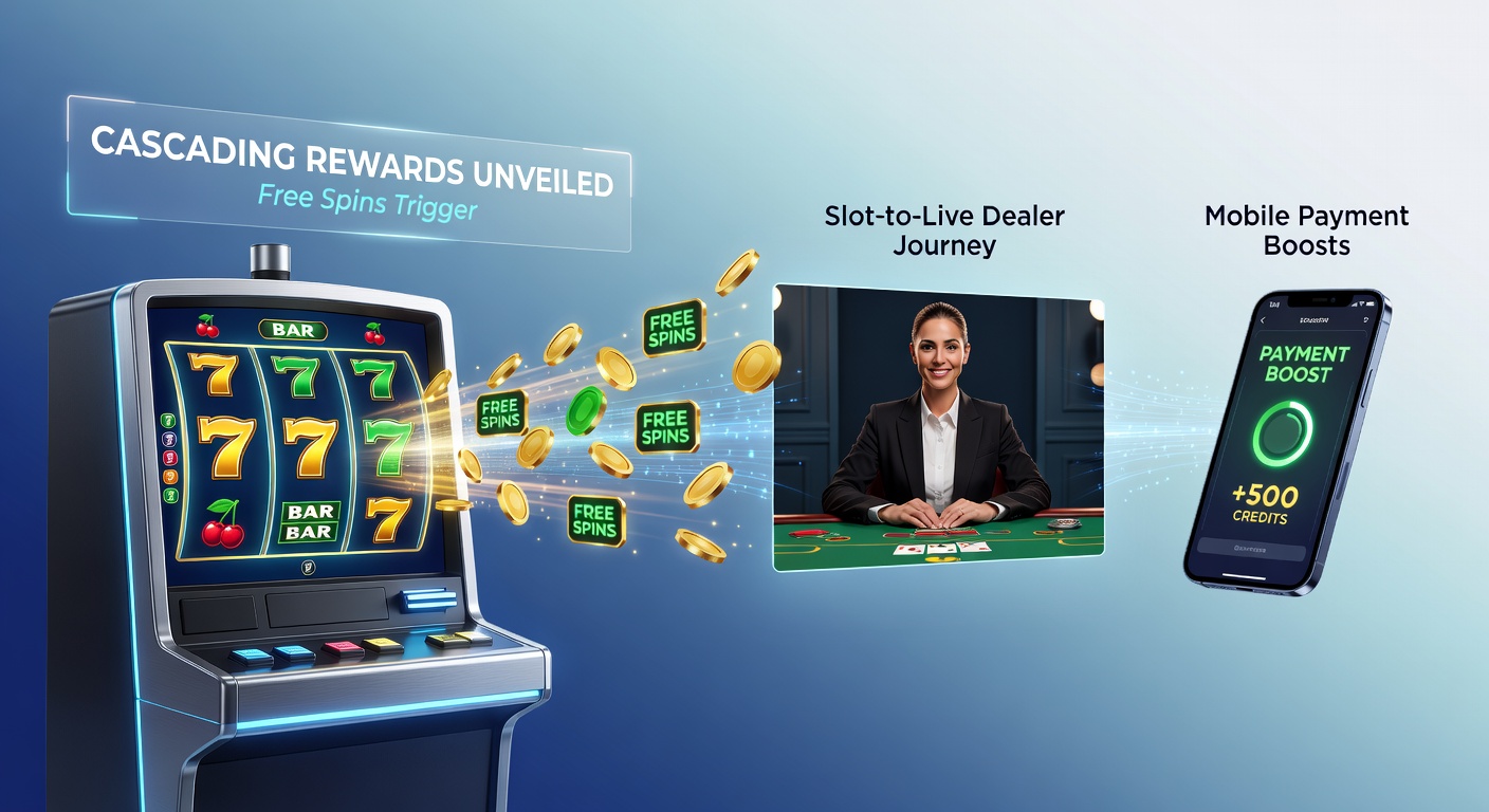 Grafische weergave van een kettingreactie in online casino beloningen, met free spins die overlopen naar live dealer spellen via mobiele betaalopties