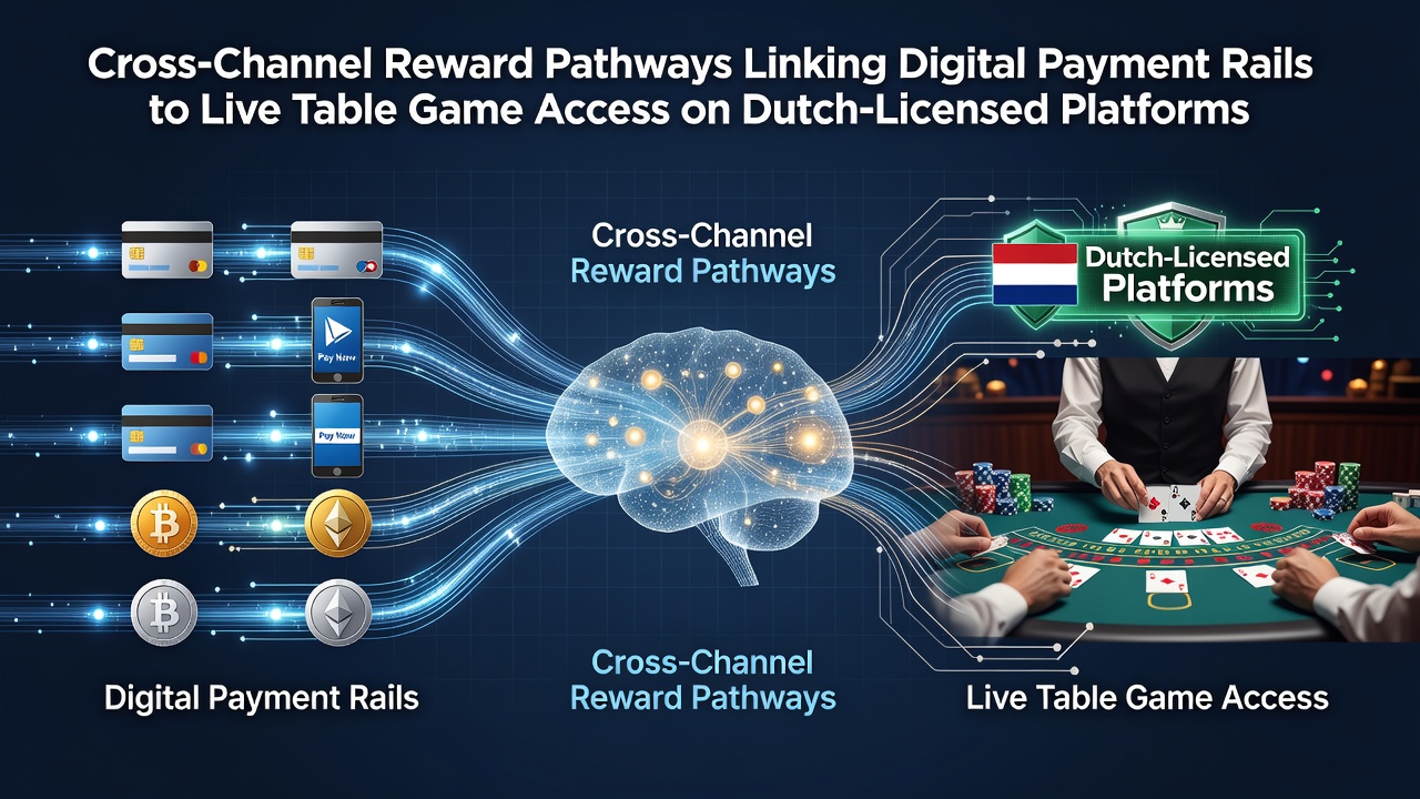Illustratie van digitale betalingsrails die beloningen koppelen aan live tafelspellen op Nederlandse platforms