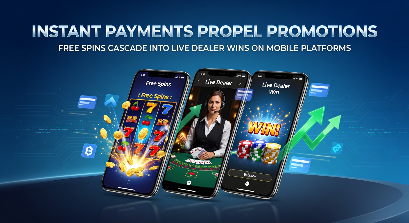 Mobiele app met free spins en live dealer tafels, geïllustreerd met snelle betalingsiconen en jackpot-symbolen