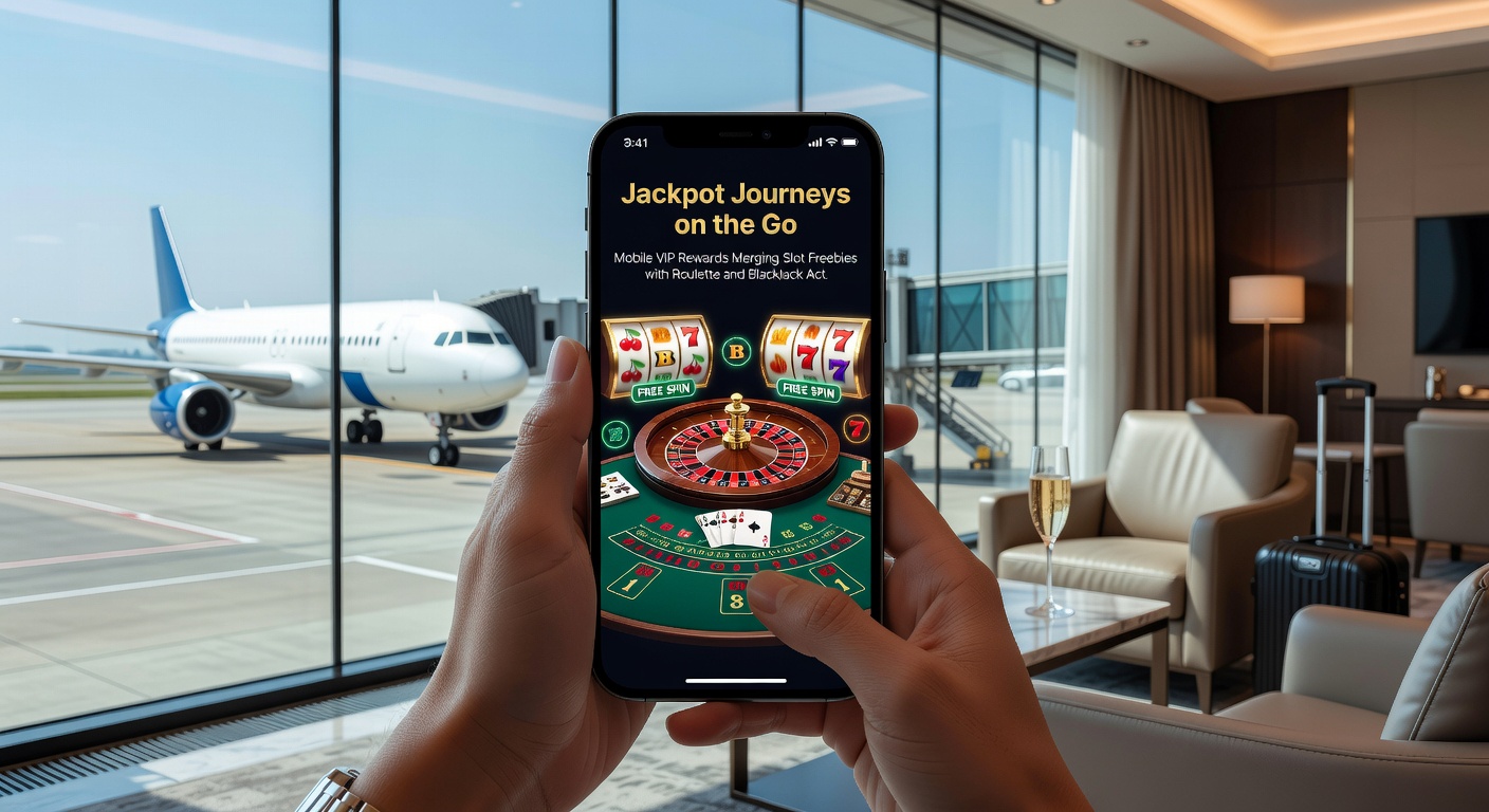 Smartphone met mobiel casino-app die jackpot-slots, roulette en blackjack VIP-rewards toont, inclusief free spins en live dealer actie