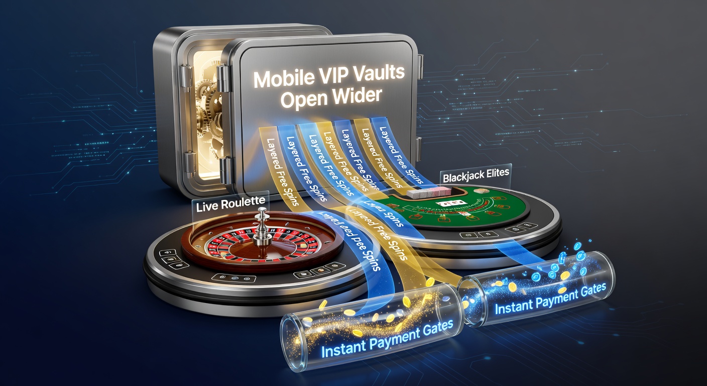 Mobiele interface met VIP-vault die free spins en live dealer games toont, inclusief betaalopties