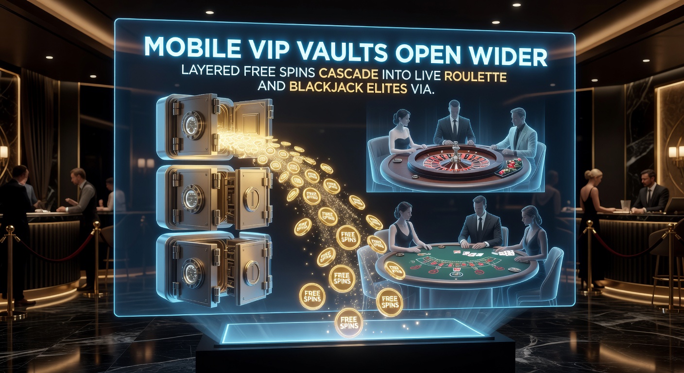 Schermafbeelding van een VIP-vault met free spins die overlopen in live blackjack en roulette, met instant betalingsiconen