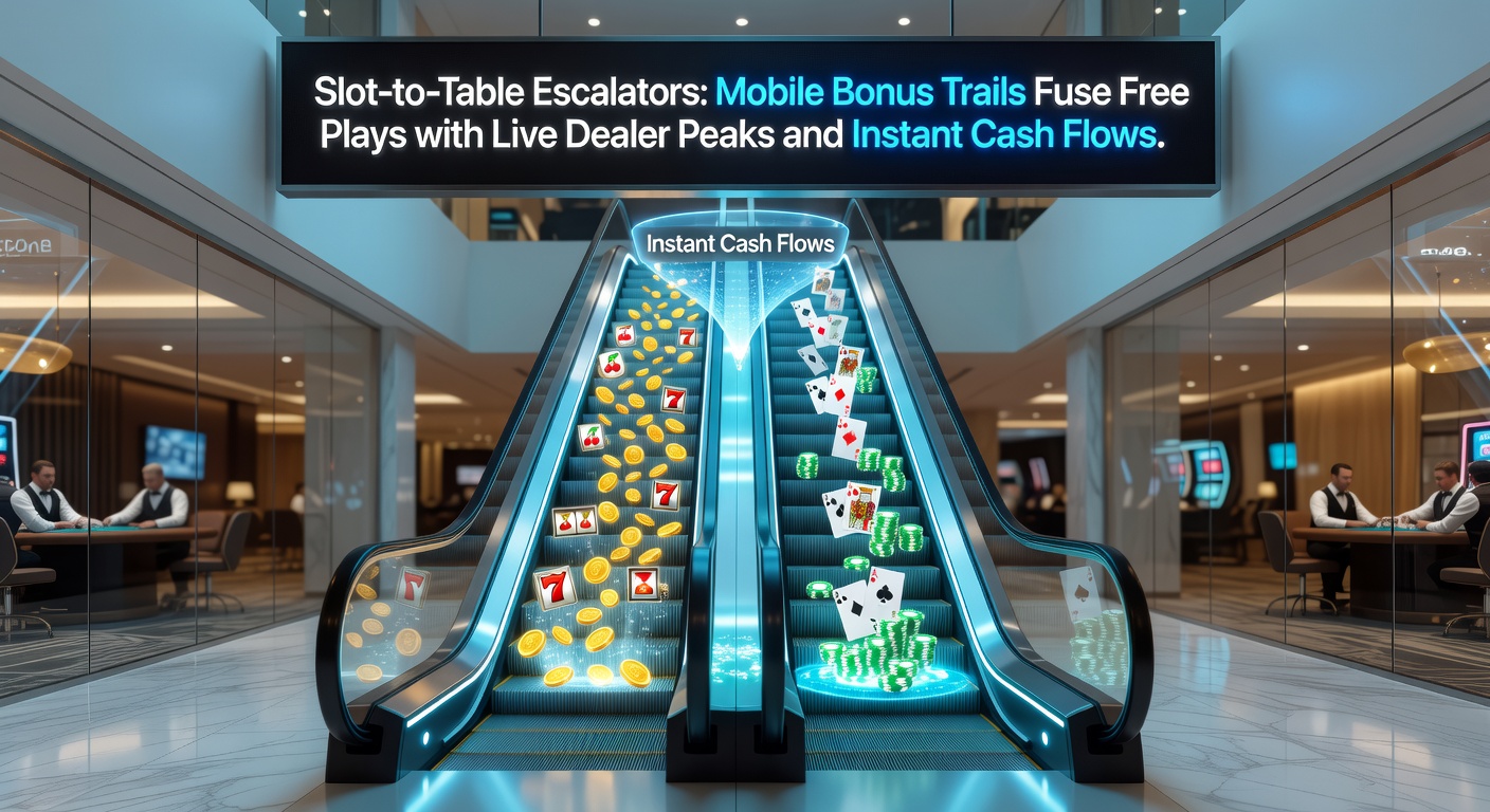 Grafische weergave van een mobiele bonus trail die spelers van slots naar live dealer tafels leidt met escalerende beloningen en directe uitbetalingen